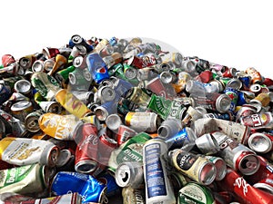 Bangkok, Thailand - June 30, 2021 Pile of aluminum beverage cans from various brands of drinks that are being recycled, isolated